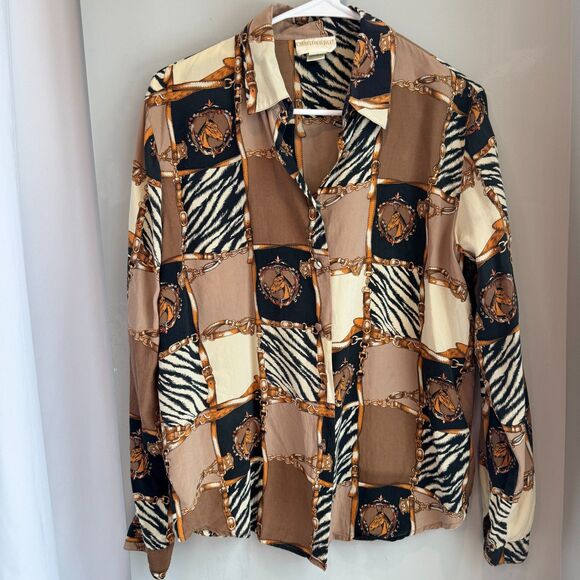 Christie & Jill Tops - Vintage Christie & Jill Silk Equestrian Pattern Women's Longsleeve Shirt, SZ 12